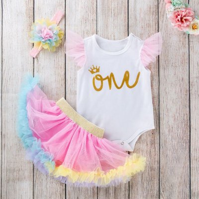 Kids Baby Girls Party Cute Letters Print Fluttering Sleeve Romper Skirt Set