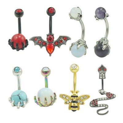 Women Fashion Creative Snake-Shaped Bat Bee Stainless Steel Diamond Navel Ring Body Piercing Jewelry