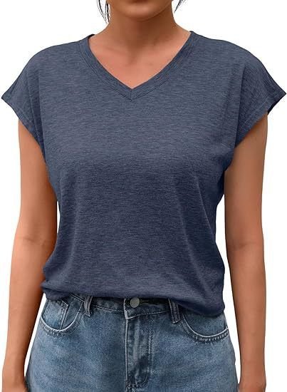 Summer Women Casual Solid Color V-Neck Short Sleeve Blank T-Shirt