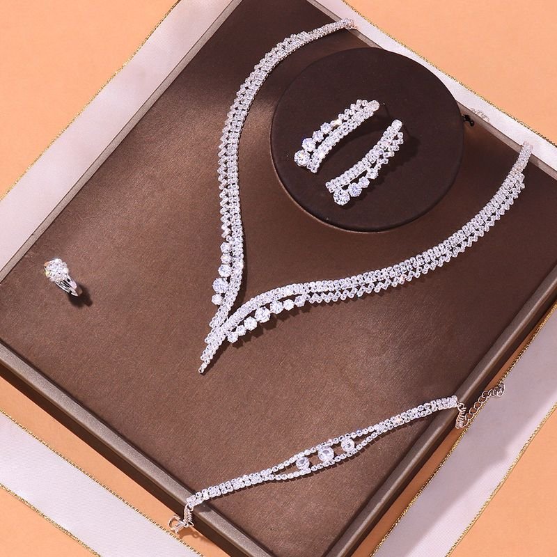 Women Fashion Simple Diamond Necklace Earrings Bracelet Ring Jewelry Set