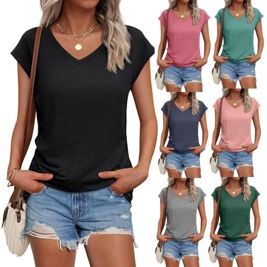 Summer Women Casual Solid Color V-Neck Short Sleeve Blank T-Shirt