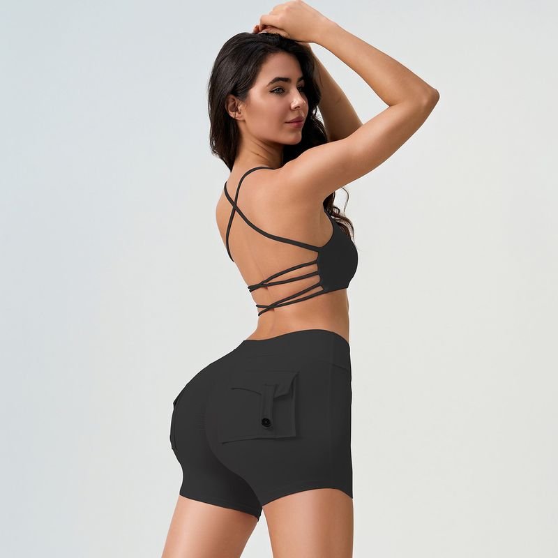 Women Fashion Casual Cross Backless Shock-Proof Bra High Waist Yoga Shorts Two-Piece Set