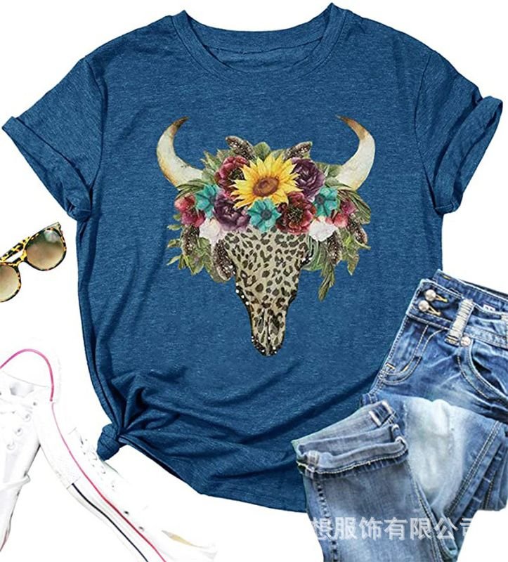 Summer Women Cow Head Print Retro Western Round Neck Short-Sleeved Casual T-Shirt