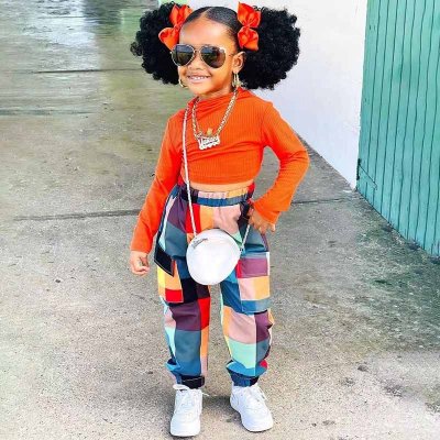 Kids Toddler Girls Fashion Casual Solid Color Long Sleeve T-Shirt Multicolor Plaid Trousers Sets