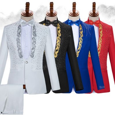 Men Fashion Casual Party Sequins Long Sleeve Stand Collar Suit Trousers Set