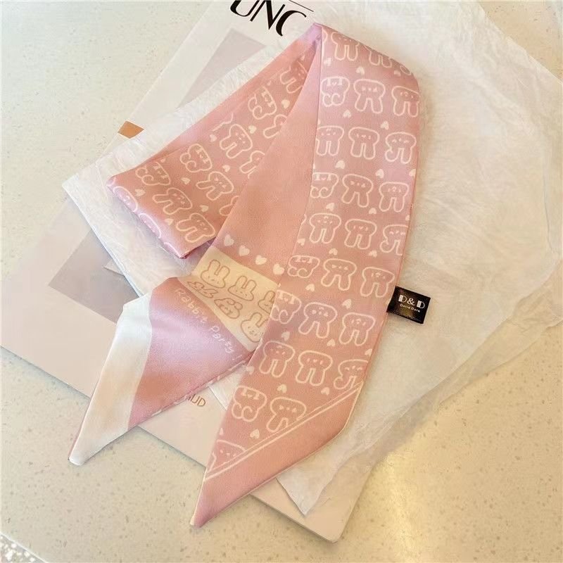 Women Fashion Floral Print Long Ribbon Silk Scarf