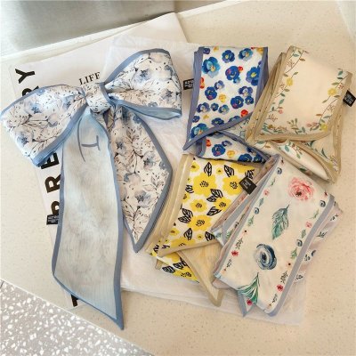 Women Fashion Floral Print Long Ribbon Silk Scarf