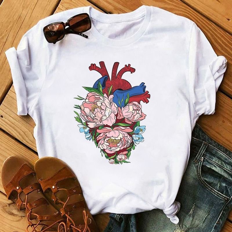 Summer Women Fashion Heart Floral Print Round Neck Short Sleeve T-Shirt