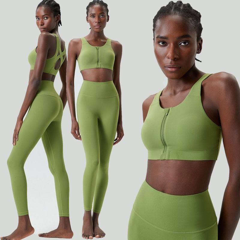 Women Casual Solid Color Shock-Proof Running Fitness Tight Top Yoga Pants Two-Piece Set