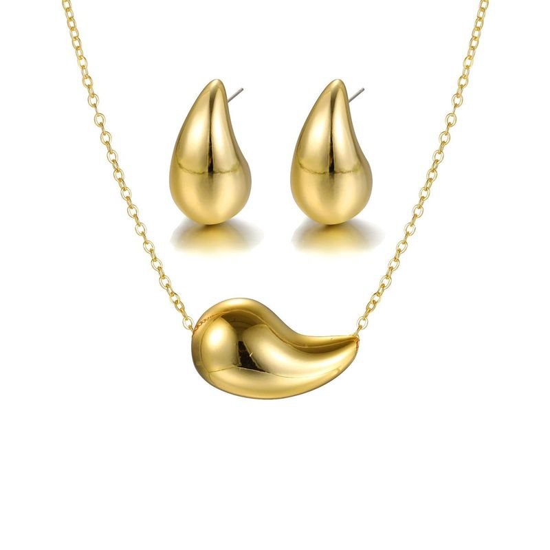 Women Fashion Water Drop Golden Metal Necklace Earrings Set