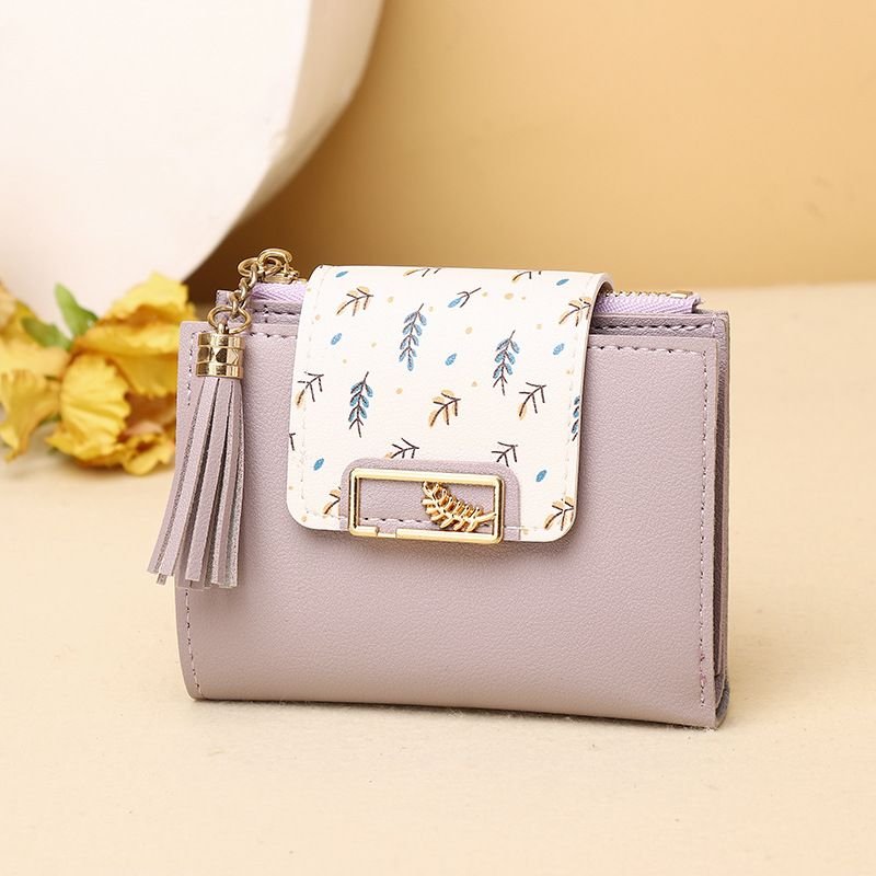 Women Fashion Leaf Print Tassel Pendant Square Mini Wallet