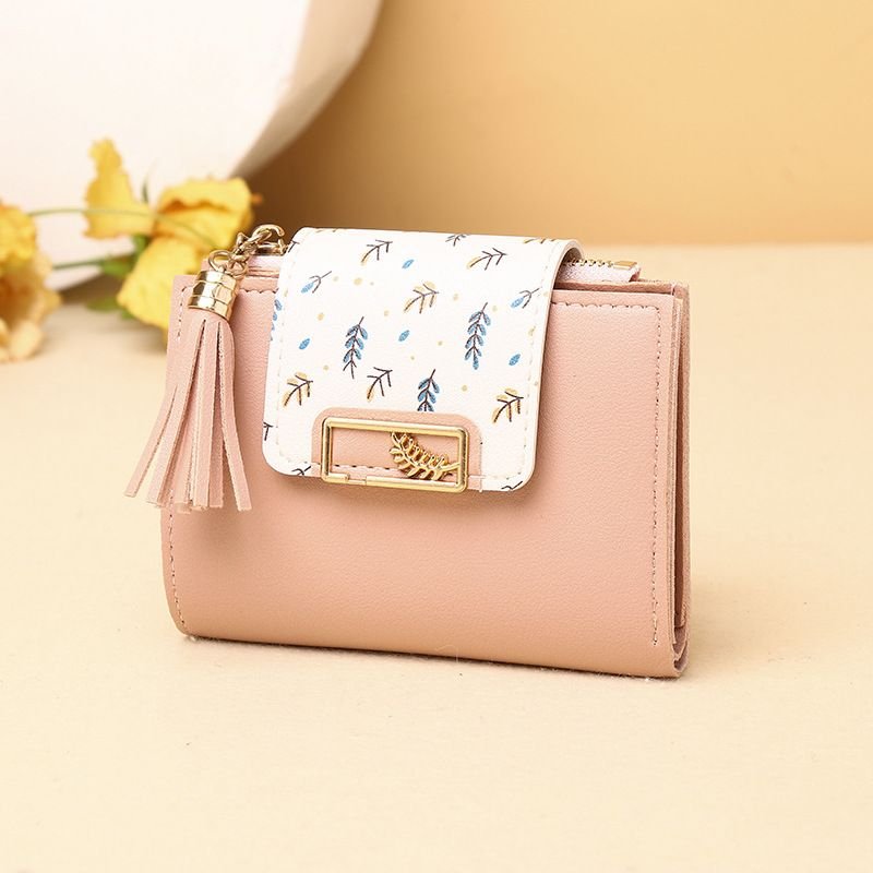 Women Fashion Leaf Print Tassel Pendant Square Mini Wallet