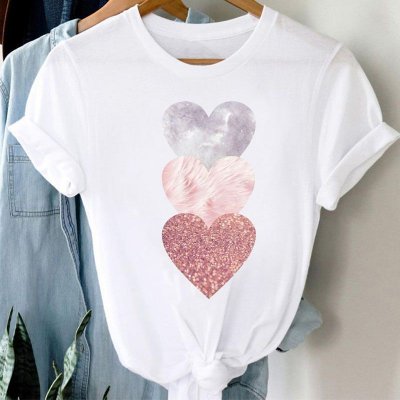 Summer Women Fashion Casual Heart-Shaped Print Round Neck Short Sleeve T-Shirt