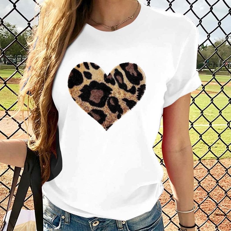 Plus Size Women Crewneck Casual Simple Heart Floral Letter Short-Sleeved T-Shirt