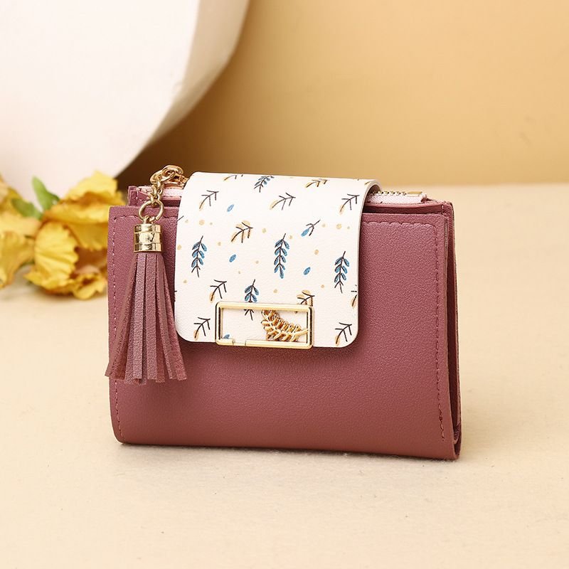 Women Fashion Leaf Print Tassel Pendant Square Mini Wallet