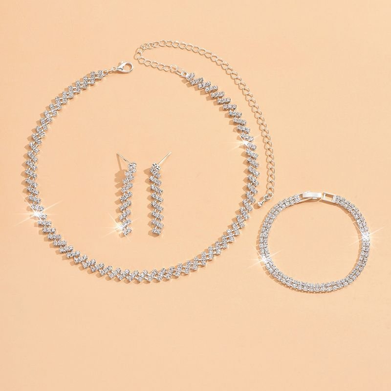 Women Fashion Simple Rhinestone Necklace Earrings Bracelet Three-Piece Set