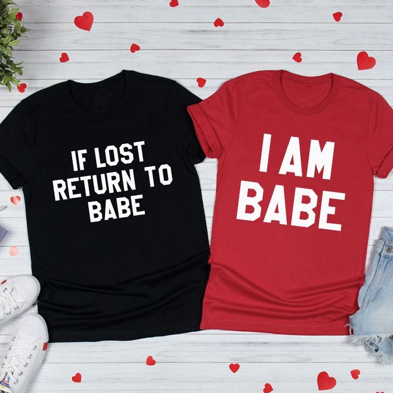 Valentine Day Simple Letter Print Round Neck Short Sleeve Couple T-Shirt