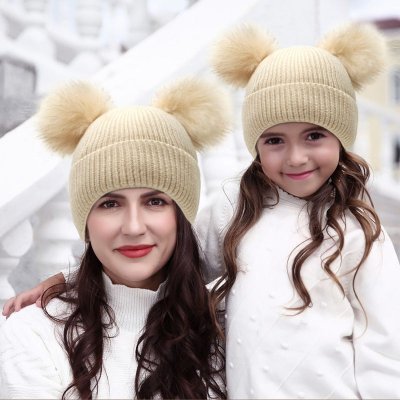 Fashion Winter Solid Color Knitted Mother And Kid Parent-Child Woolen Pompom Beanie Hat