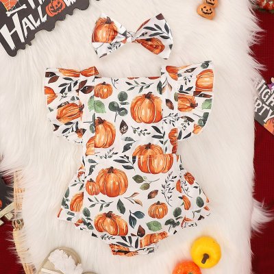 Kids Baby Girls Casual Cute Thanksgiving Pumpkin Print Short Sleeve Romper