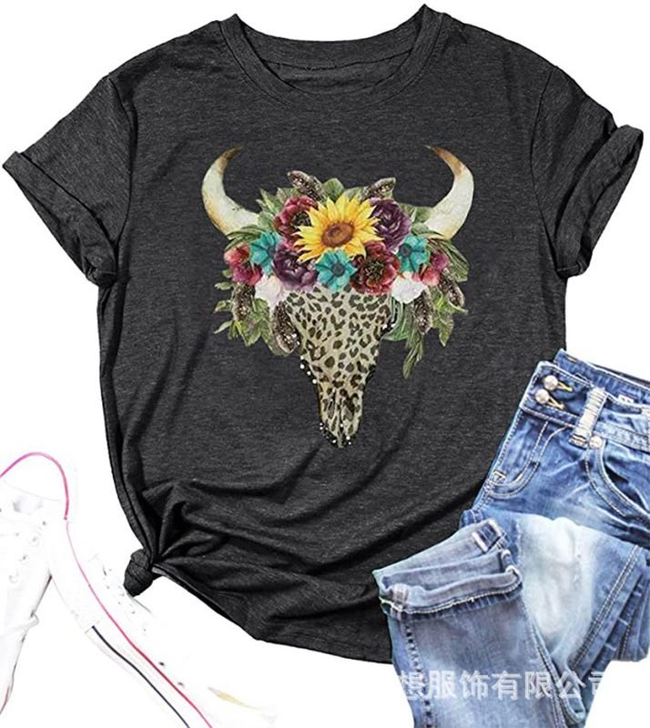 Summer Women Cow Head Print Retro Western Round Neck Short-Sleeved Casual T-Shirt