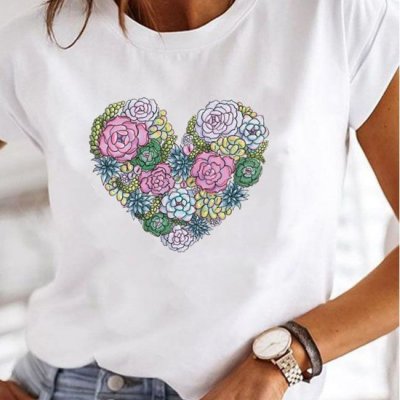 Plus Size Women Crewneck Casual Simple Heart Floral Letter Short-Sleeved T-Shirt