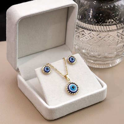 Women Fashion Simple Geometric Round Devil'S Eye Necklace Earrings Jewelry Set