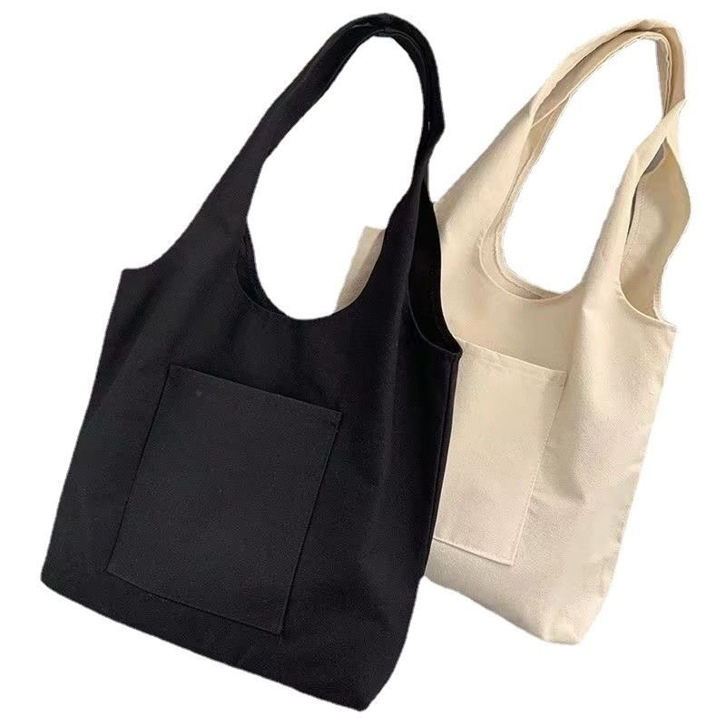 Women Simple Solid Color Pocket Large Capacity Canvas Shopping Tote Bag