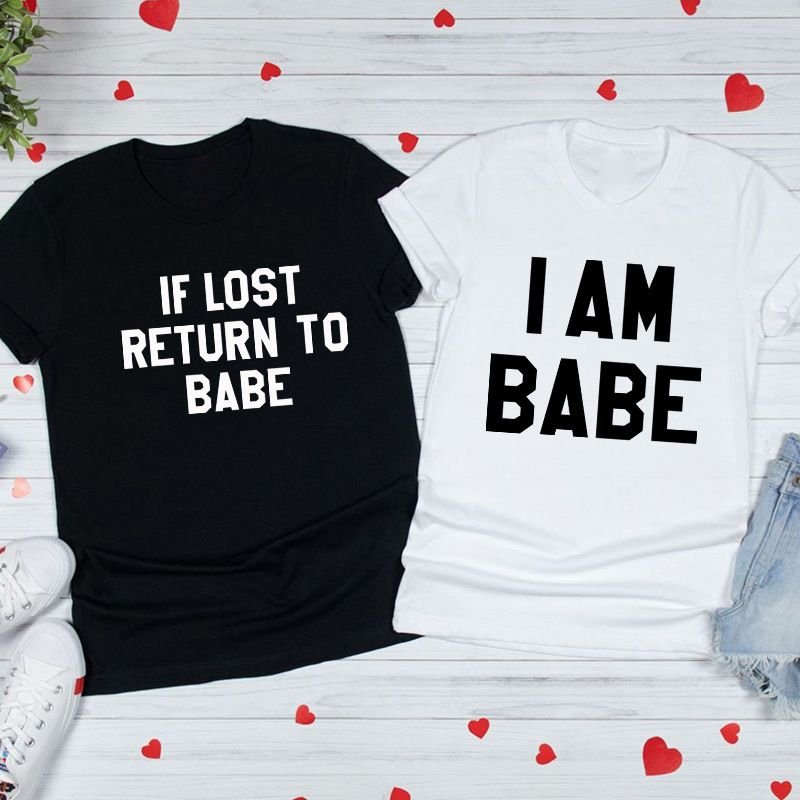 Valentine Day Simple Letter Print Round Neck Short Sleeve Couple T-Shirt