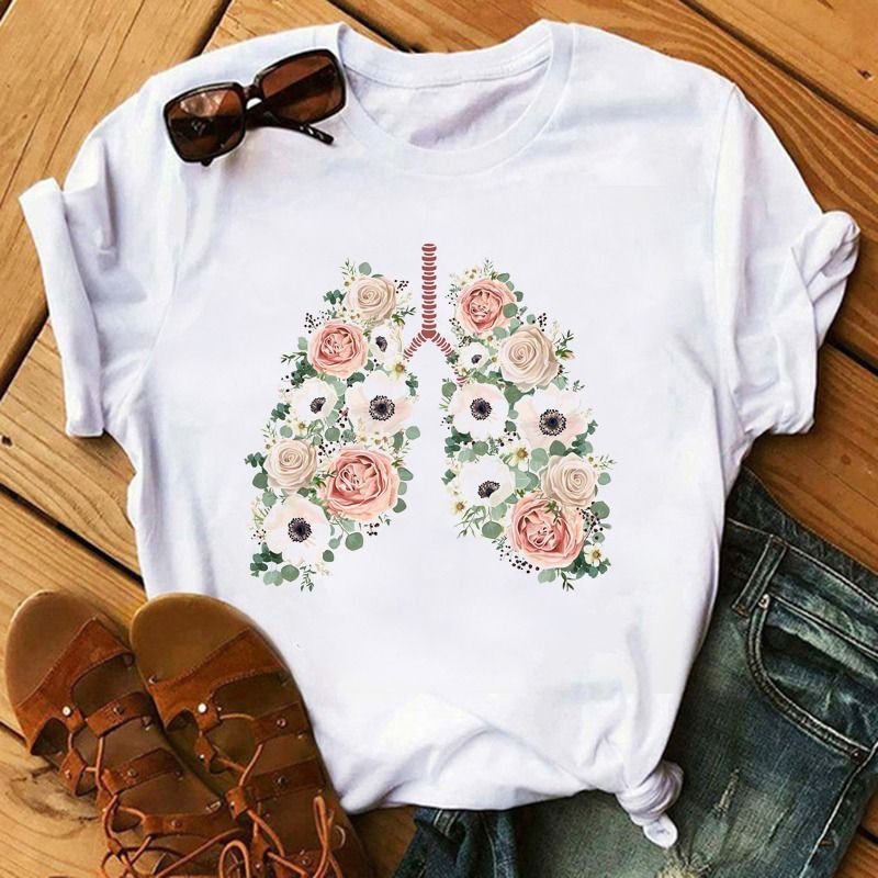 Summer Women Fashion Heart Floral Print Round Neck Short Sleeve T-Shirt