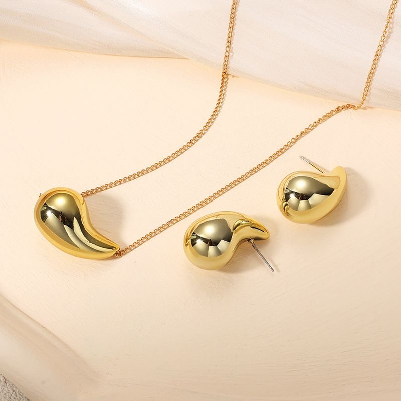 Women Fashion Water Drop Golden Metal Necklace Earrings Set