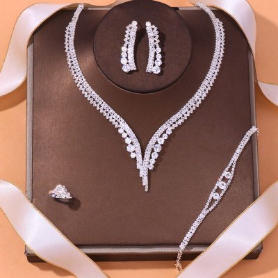 Women Fashion Simple Diamond Necklace Earrings Bracelet Ring Jewelry Set