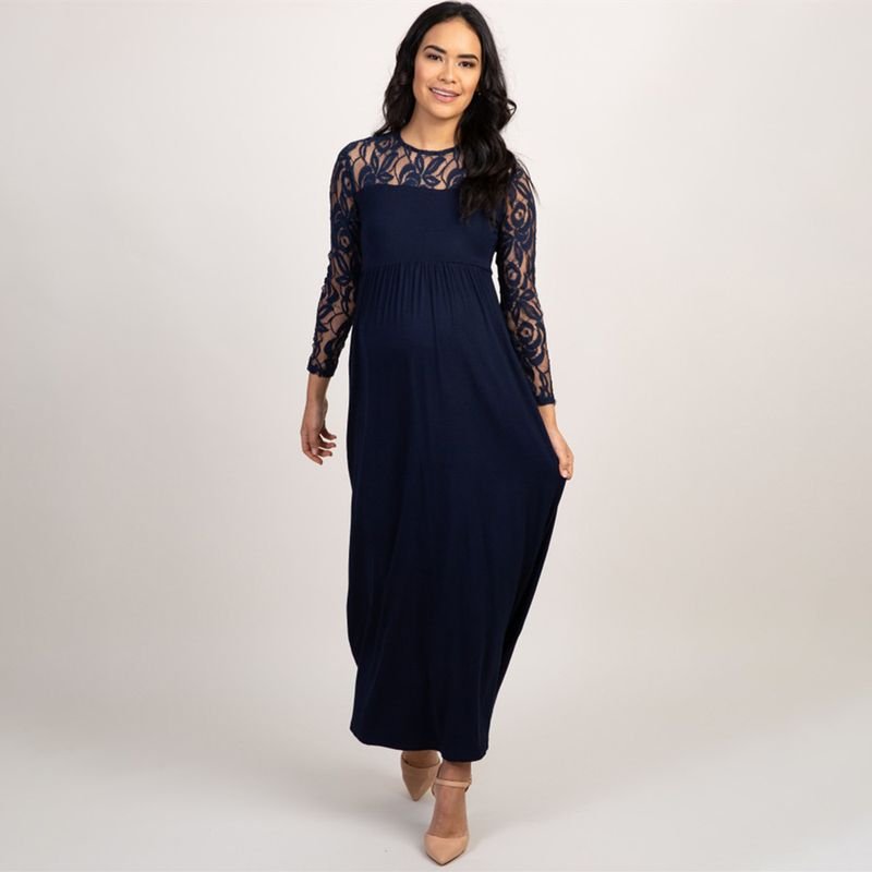 Pregnant Women Fashion Sexy Lace Hollow Long Sleeve Dress