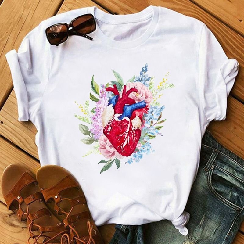 Summer Women Fashion Heart Floral Print Round Neck Short Sleeve T-Shirt