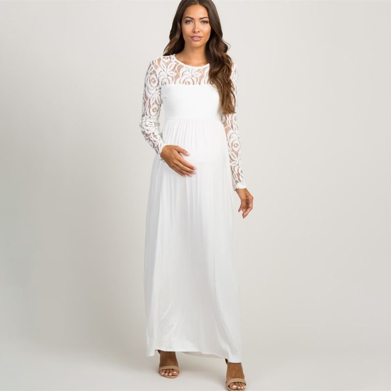 Pregnant Women Fashion Sexy Lace Hollow Long Sleeve Dress