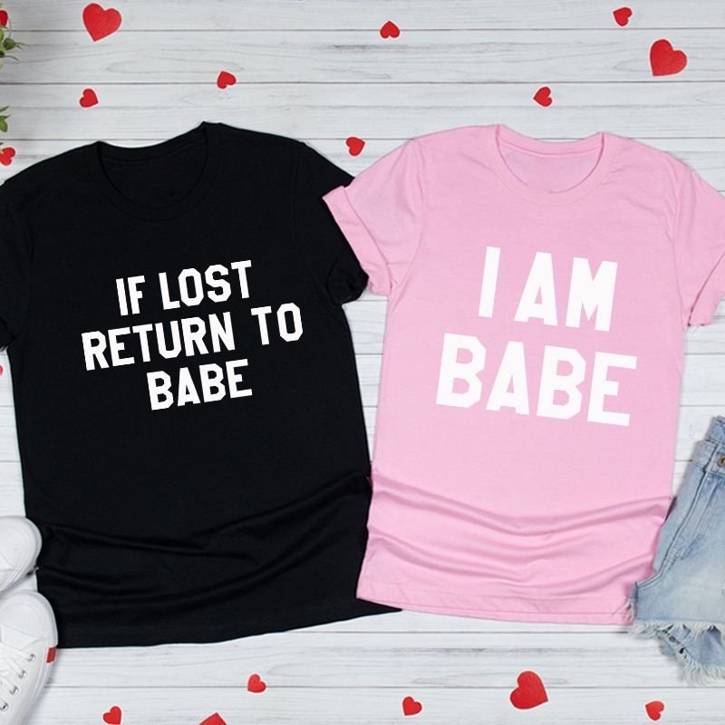 Valentine Day Simple Letter Print Round Neck Short Sleeve Couple T-Shirt