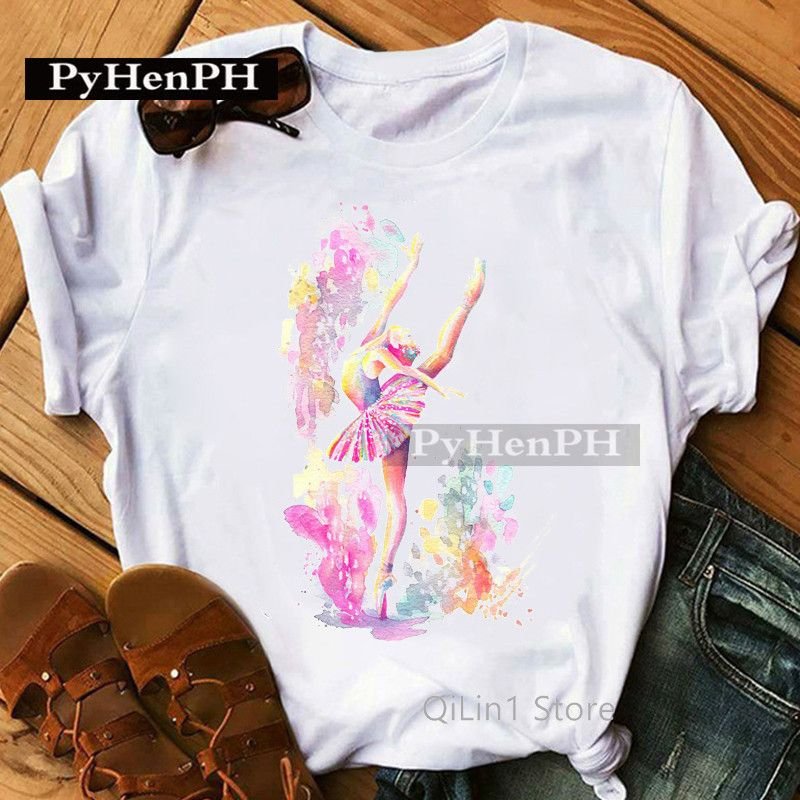 Women Short Sleeve Basic Ballet Girl Printed T-Shirt