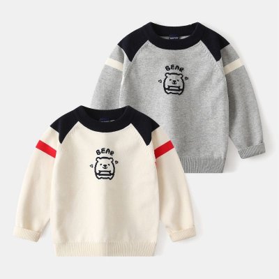 Kids Toddler Boys Casual Cute Caron Bear Long Sleeve Round Neck Knitwear Sweater