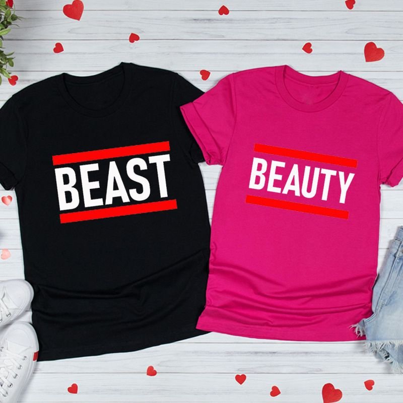 Valentine Day Fashion Letter Print Round Neck Short Sleeve Couple T-Shirt