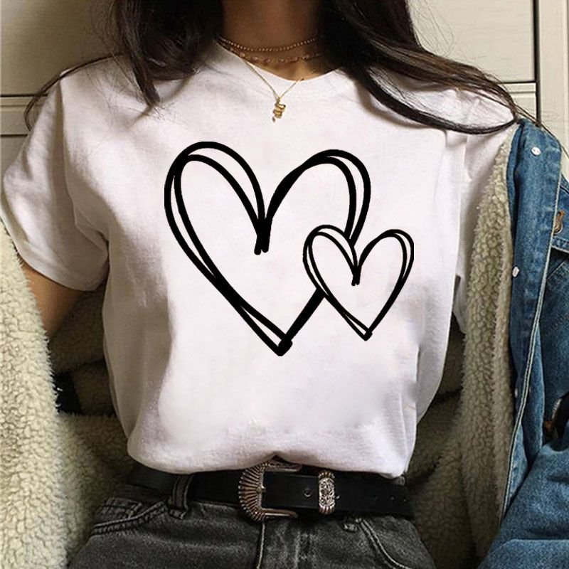 Women Simple Fashion Love Heart Printed T-Shirt