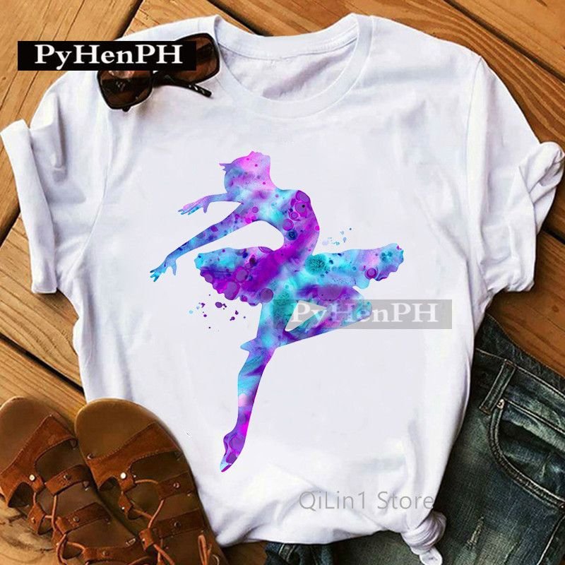 Women Short Sleeve Basic Ballet Girl Printed T-Shirt