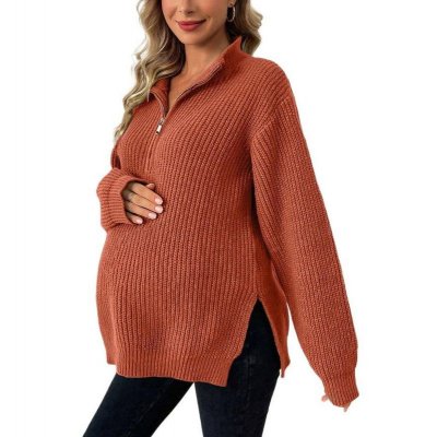 Autumn Winter Pregnant Women Fashion Half Zip Long Sleeve Knitted Sweater