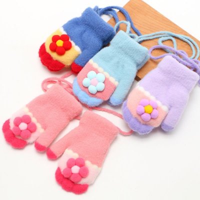 Kids Girls Fall Winter Casual Cute Flower Fleeces Knitwear Lanyard Gloves