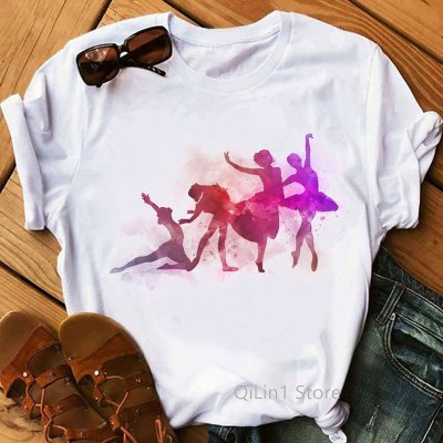 Women Short Sleeve Basic Ballet Girl Printed T-Shirt