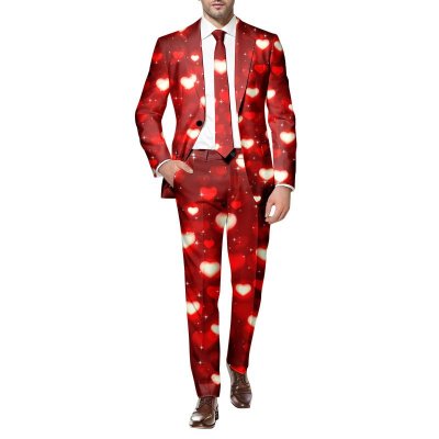 Men Fashion Casual Party Valentine Heart Shape Print Long Sleeve Lapel Suit Trousers Set