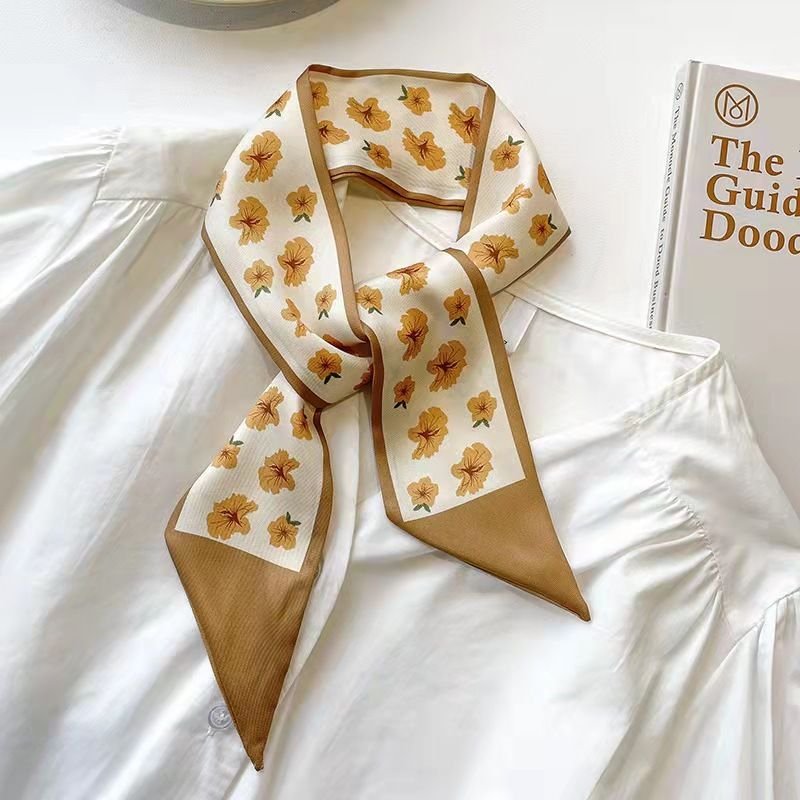 Women Fashion Floral Print Long Ribbon Silk Scarf