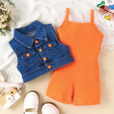 Kids Toddler Girls Fashion Casual Sleeveless Denim Vest Rib-Knit Jumpsuit Sets