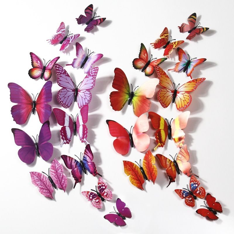 3d Home Decoration Simulation Butterfly Double-Sided Adhesive Multicolor Solid Color Wall Stickers 12pcs/set