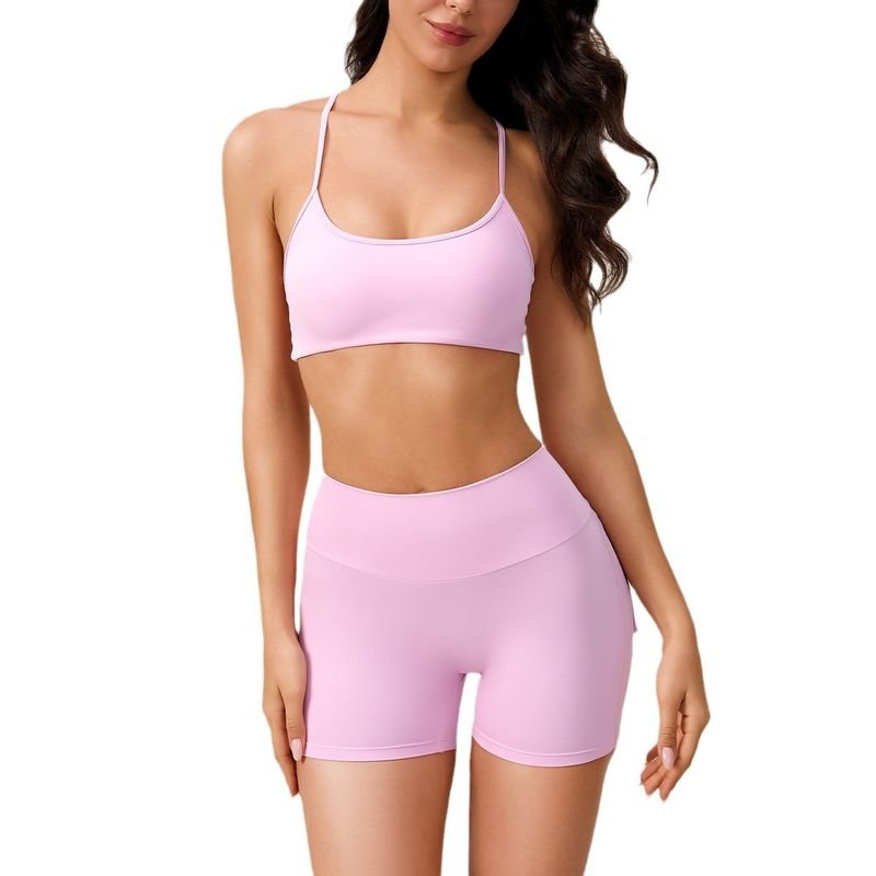 Women Fashion Casual Cross Backless Shock-Proof Bra High Waist Yoga Shorts Two-Piece Set