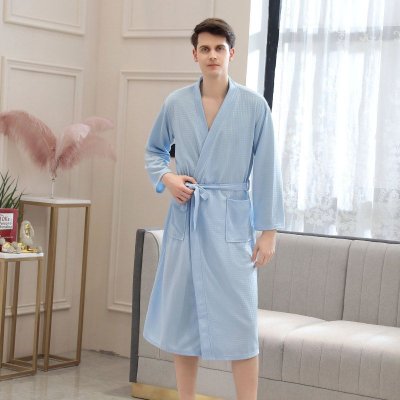 Couples Fashion Casual Home Solid Color Waffle V Neck Long Sleeve Robes Sleepwear