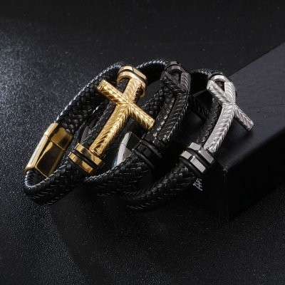 Fashion Punk Cross Men Creative Bracelet Braided Leather Bracelet